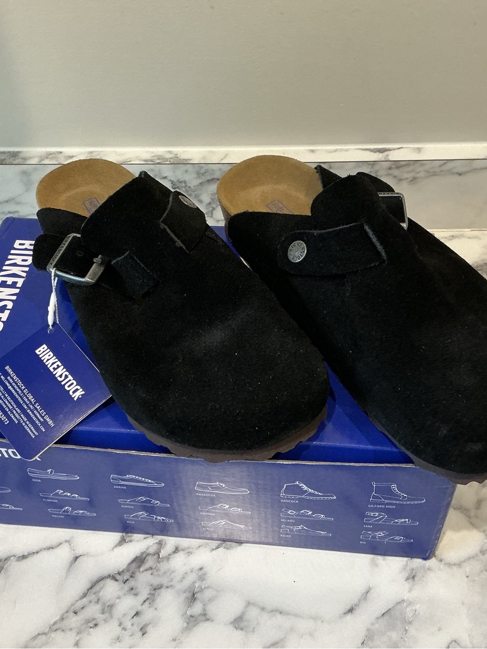 Birkenstock Black Suede Boston Clogs with Silver Buckle